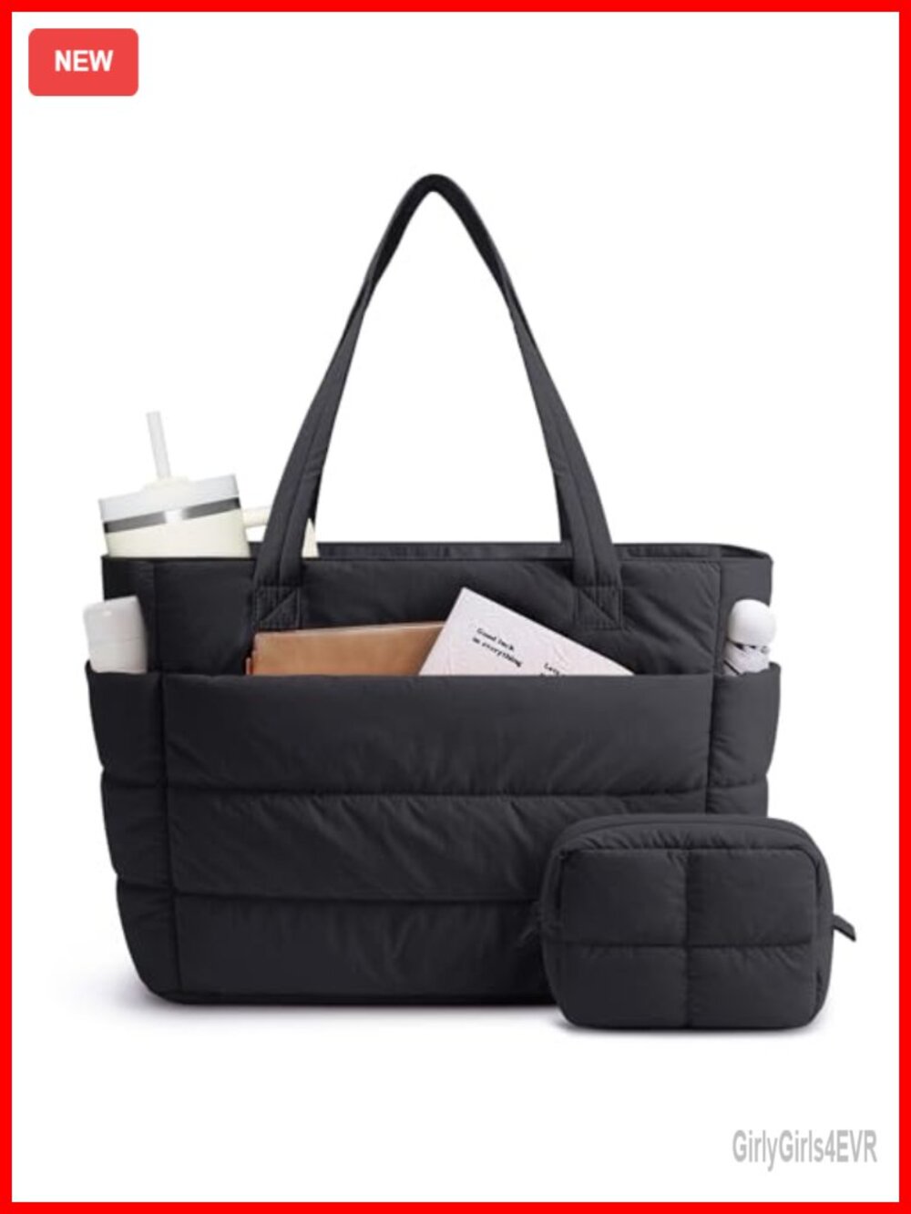 Quilted Nylon Puffer Tote Bag with Laptop Sleeve, Work Nurse Teacher Tote